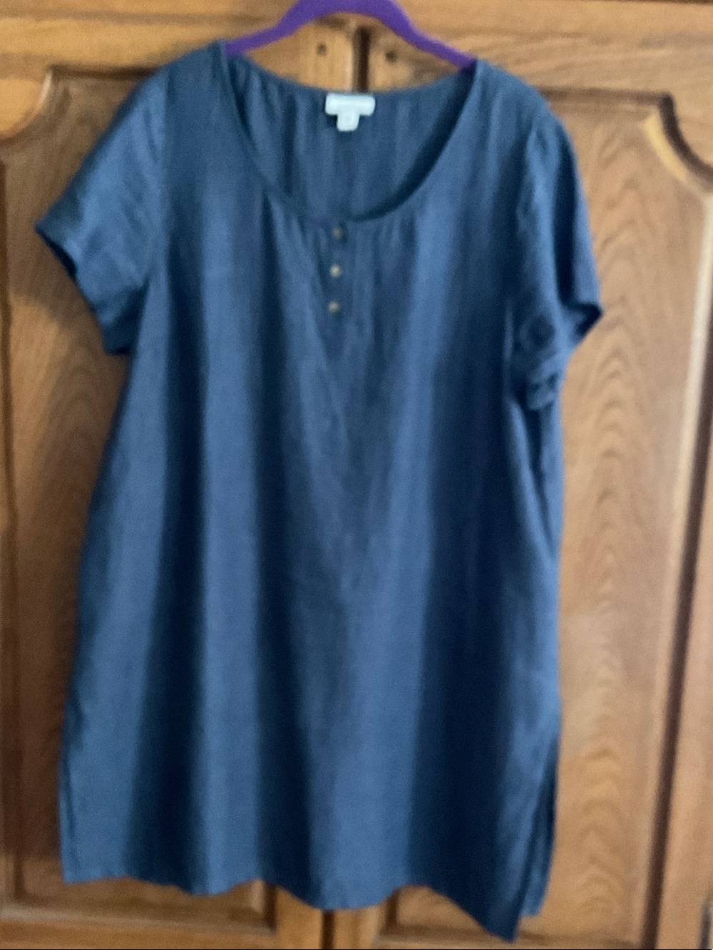 Short-Sleeve Navy Scoop Neck Tunic with Button Detail
